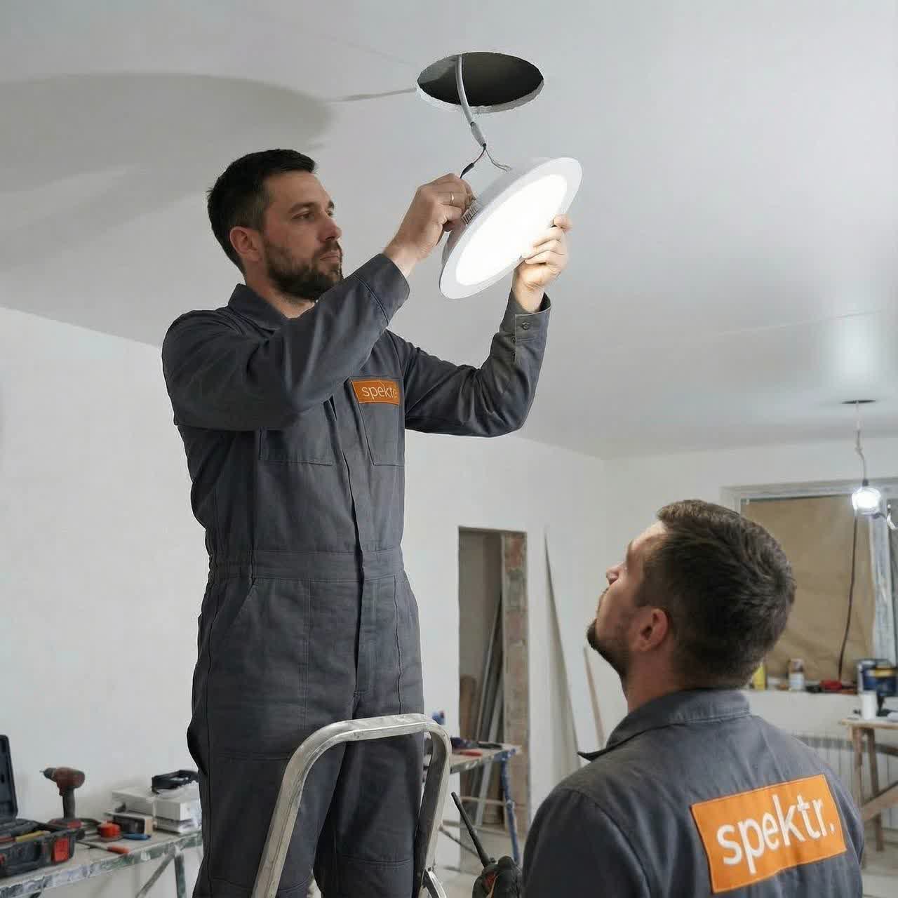 Монтажники устанавливают лампу в потолке