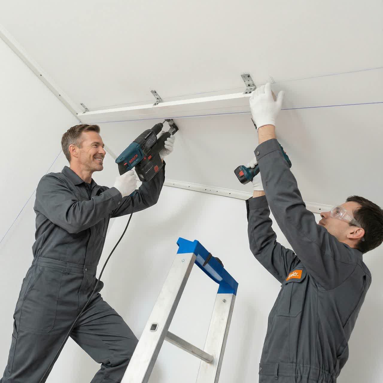 Двое монтажников делают потолок