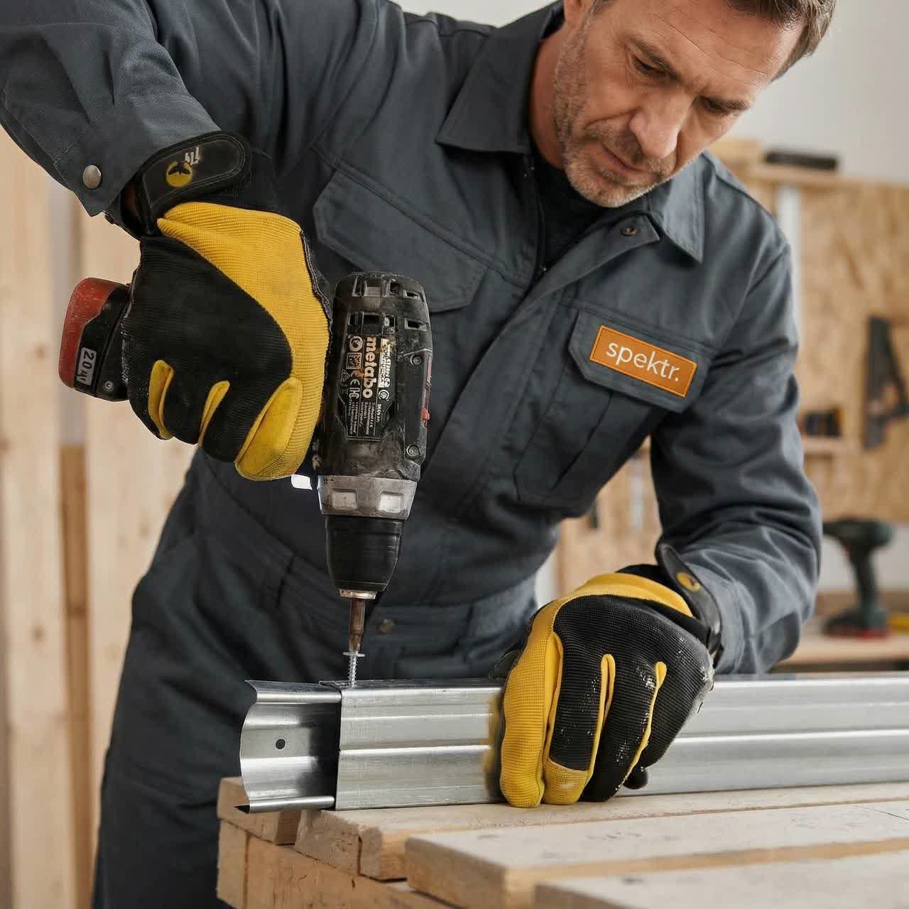 Монтажник закручивает шуруп шуруповертом