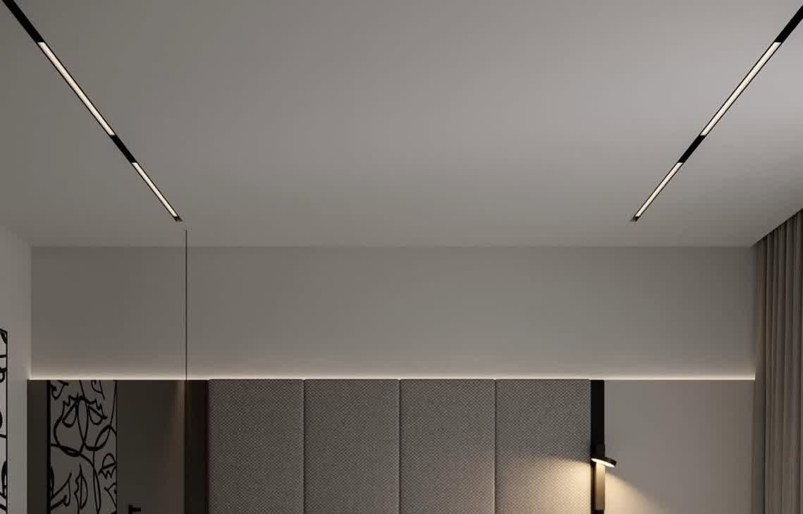 Натяжной потолок в спальне, вид на стену